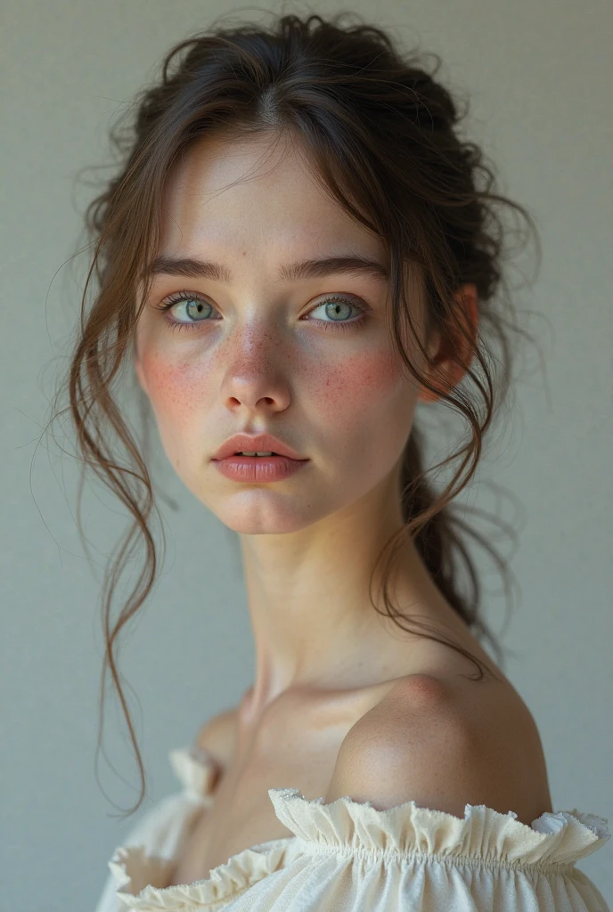 Girl, blond brown hair, brown eyes, white skin, thin arms and legs, small smile, white thees, naked