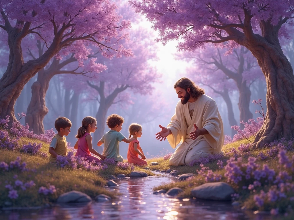 Jesus blesses the children on the grass, the children are sitting and oh, there is a small river 