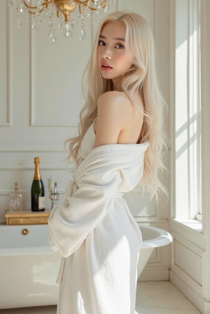 (best  quality), (A masterpice), (high resolucion), original, Very detailed 8k wallpaper, (Very delicate), best  quality, A masterpice, (((Disgusted look, Unhappy face))), UltraHighResolution, (photorealestic:1.4), Photo of young pretty girl with blonde hair, length hair、tousled hair、perspired, Sweaty body,Naturally glowing skin、 (loose:1.3)bath robe、Exposed shoulders、naked bathrobe、Worn bathrobe、disheveled bathrobe、Fully open bathrobe、body soaking wet、(Torn bathrobe)、Grab a bathrobe