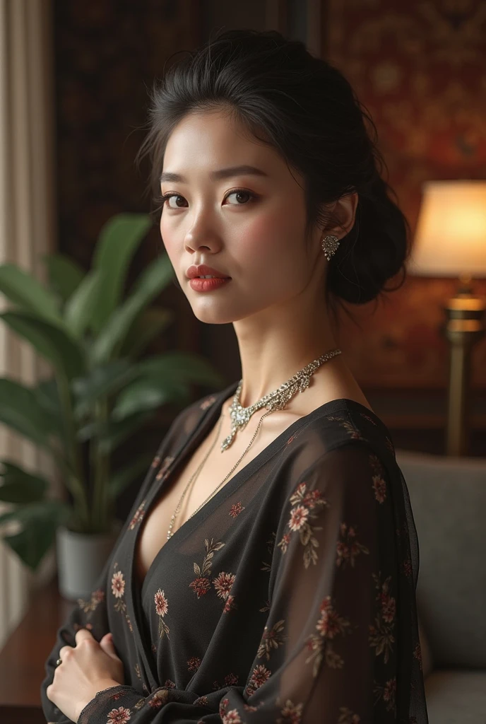 (Best Quality, in 8K, 32K, masutepiece, nffsw:1.2),Photo of Pretty Japanese woman, Large breasts, Very short bob hair,Upper body,(Oversized_Sweaters,:1.1) Necklace, Simple background, looking at around,BDSM