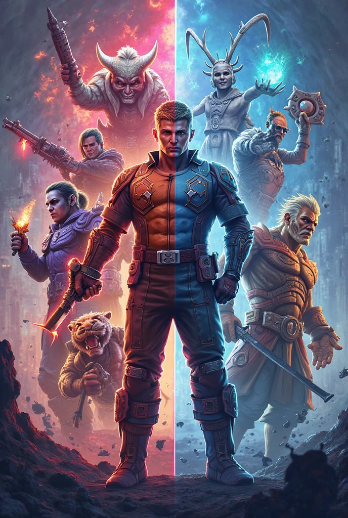 A man holding a red-haired woman with short hair in his lap and a light saber in a man's hand, 1 man with black hair, back to the camera, against the backdrop of a tunnel at the end of a tunnel in a city at the end of the tunnel, standing, full body, 4k, film coloring, several zombies in front of them