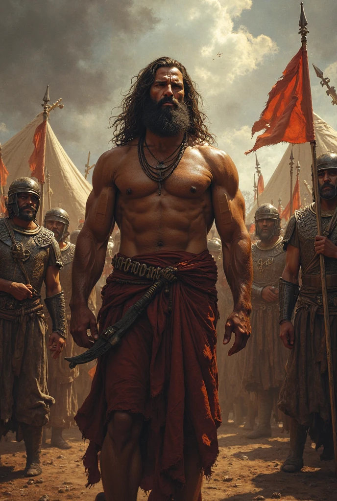 Un homme torse nu très musclé au premier plan, Behind the muscular faithful stand upright
