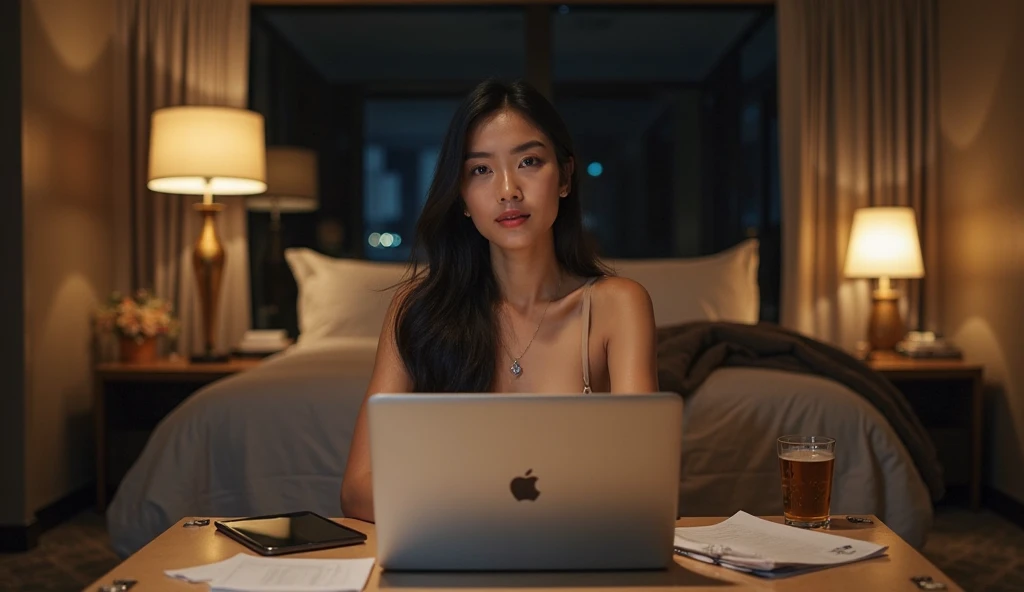 (photorealism:1.2), Create an image of a confident 2 Filipina woman with an hourglass body shape, slightly curvy, standing at 5'4". She has fair skin, long and thick hair, and a small heart-shaped face with subtle cheekbones and a rounded chin. Her nose is delicate, pointy, and . She is sitting on a chair at a table inside a beautifully decorated, well-lit room. The room is warmly illuminated by soft ambient lights, complementing the gentle moonlight streaming through large windows. She is wearing an elegant evening gown that drapes gracefully around her. In front of her is a MacBook, and she is wearing large, stylish over-ear headphones, lost in the music playing. The camera is positioned directly in front of her, capturing her thoughtful expression as her hands rest on the table or gently touch her chin. Outside, the night sky is dotted with stars, adding a serene and tranquil ambiance to the evening.