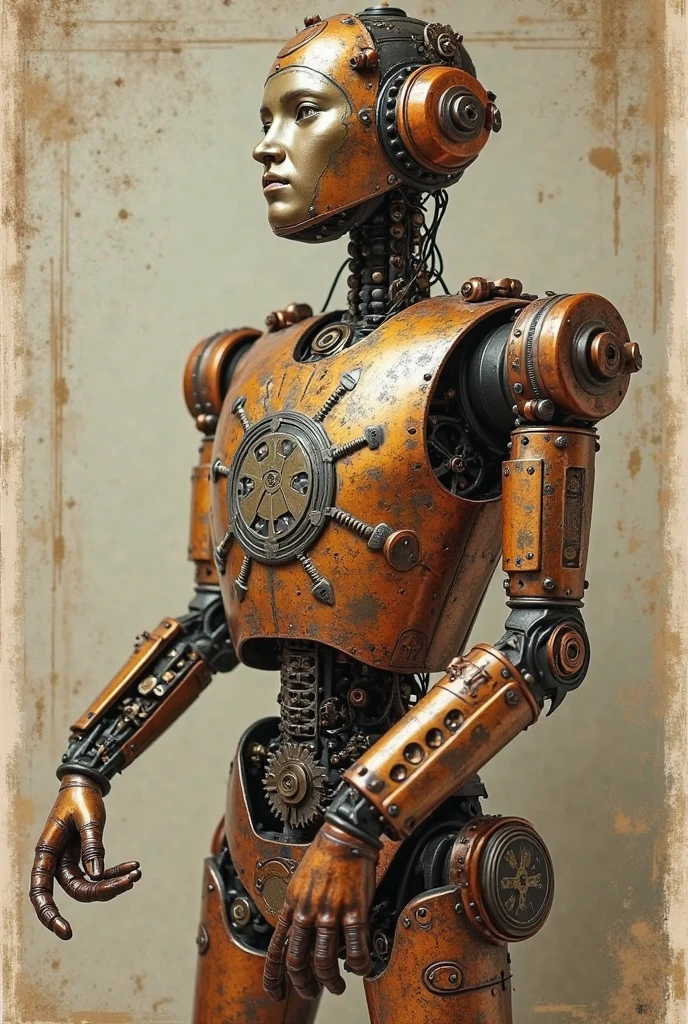 The steampunk robot, humanoid, with the head in the shape of a skull, with a fireplace in the belly that burns constantly, that sells and smokes cigarettes, wears a top hat, uses a sword and an old pistol