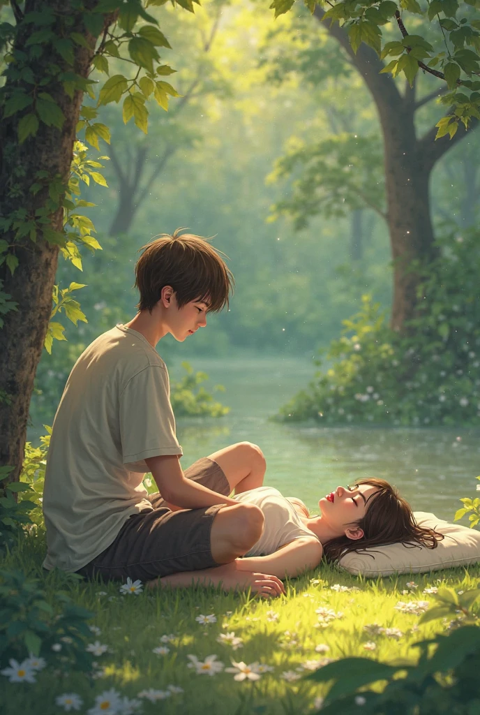Soul of a teenager sitting next to his sad partner in a park