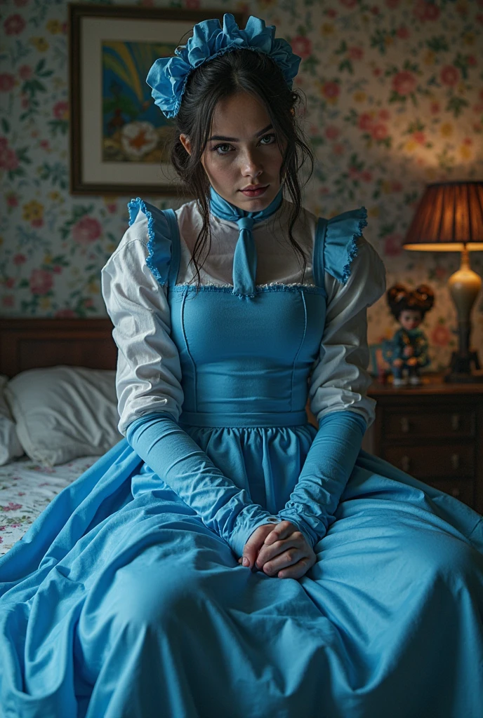 young woman with tired eyes standing in a personal study, cute, short hair, couch, lots of stuffed toys and various clutter and mess in background, intricate, highly detailed, gothic dress