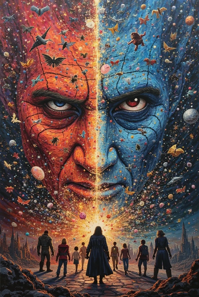 stacked symbolist composition, inspired by Jarosław Jaśnikowski, gnosticism, alex gross, colorful muscular eldritch, ornate gem in pommel, new album cover, by Trevor Brown, inspired by Robert Lenkiewicz