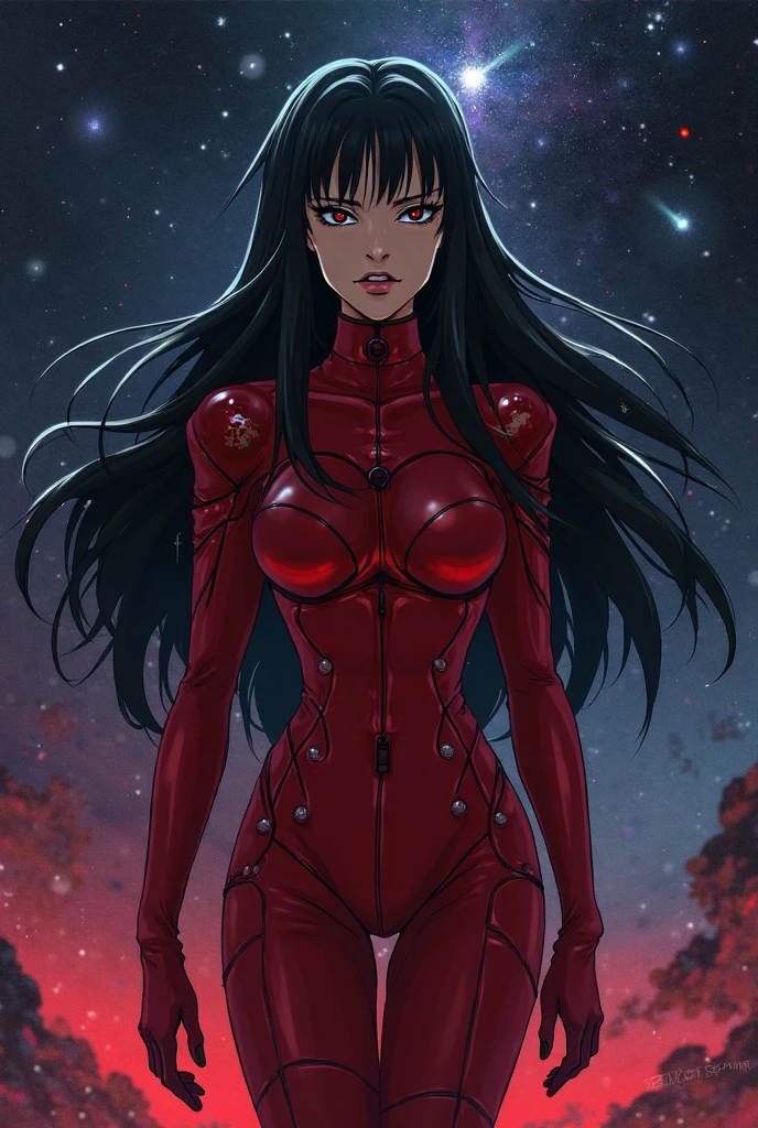 Best quality, 8K, woman space retro futurism, beautiful and detailed face, black straight long hair, bangs,big eyelashes,TRANSPARENT red LATEX leotard, metalic details, LIGHT TAN pantyhose, sheer gloves,sci-fi RETRO SPACESHIP scenario