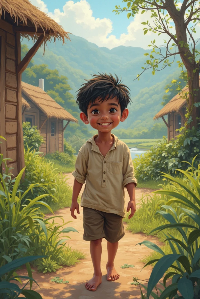 Create a watercolor image depicting a cheerful and simple-looking boy from the outskirts, of Hispanic ethnicity, wearing colorful, worn-out clothes and flip-flops. He should be grinning playfully while hiding in a tree, with dappled sunlight and leaves casting shadows on his delighted face