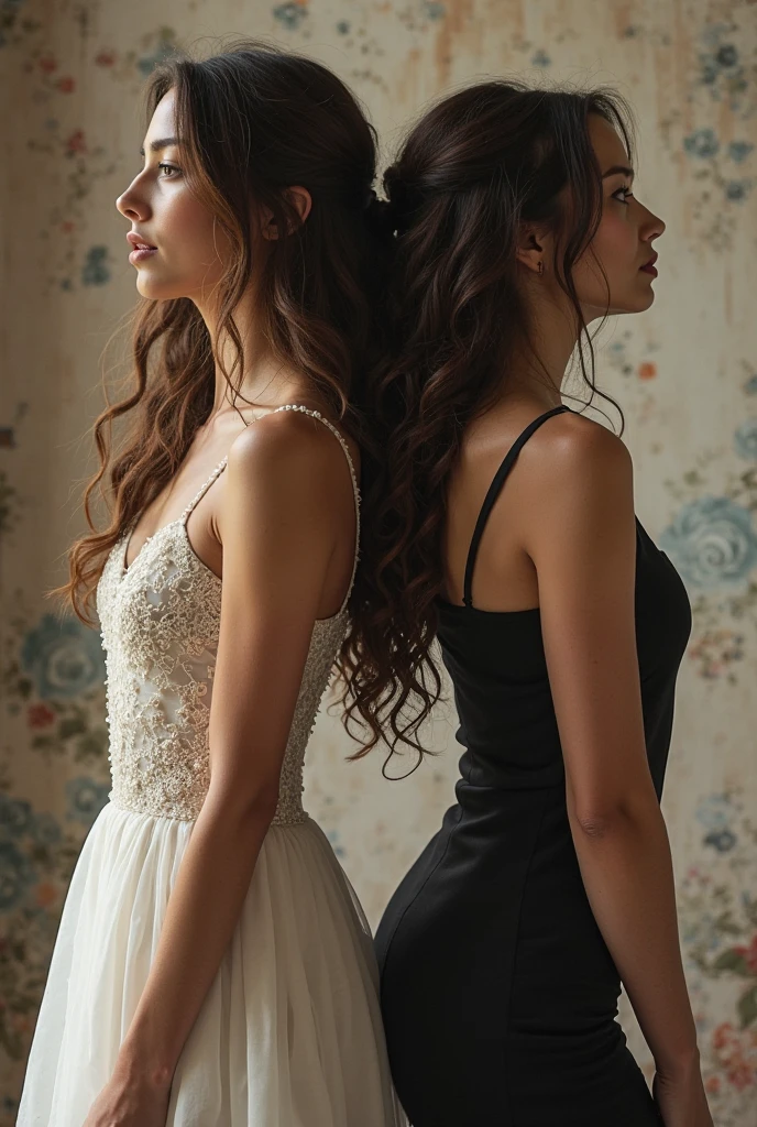 4 girls., long hair, doll dresses and back on beautiful view