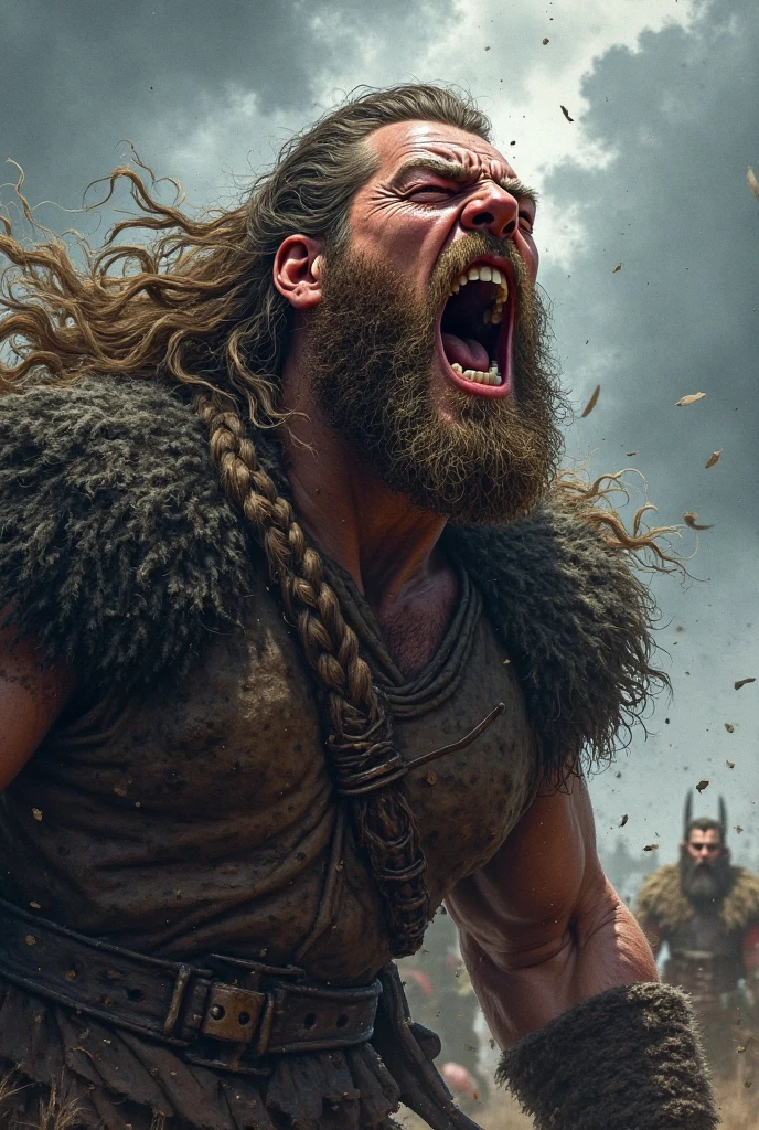 Realistic Viking warrior screaming with teeth bared with a Norse tattoo around his eye 