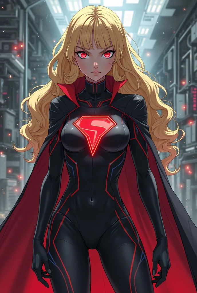 highest quality、Realistic、female、Japanese、zoom、cute、Red glowing eyes、Blonde Hair、Shorts Hair、Purple hero suit、Shiny bodysuit、universe