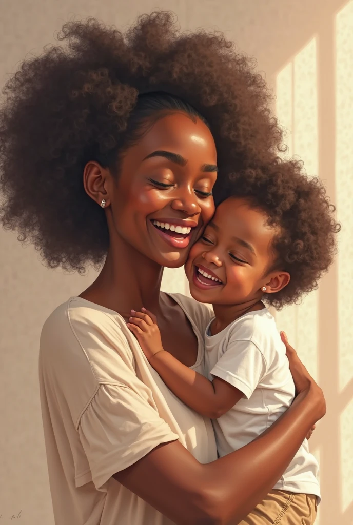 In the shape of a heart, a mother and her 6-year-old son, expressing love. Both dark brown.