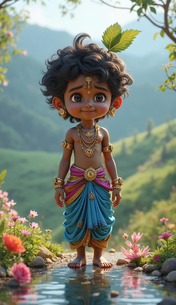 Real photo of Little lord krishna look like 10 year old cute Indian boy on the desert. Crown. Jewelry. Designed Chappal 