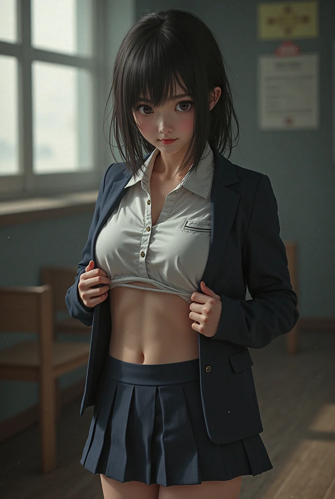 1girl, teacher, solo, sharp nose, reddish mouth, blush, eye-catching lips, shonen style, (green eyes | blue eyes), wide eyes, cute look, neon lighting:0.3, scenery classroom, sitting at the table, (cowboy shot), (underboob:1.2), short hair, black hair, bangs, pixie cut, ahoge, black short skirt, ((teacher uniform)), (thin face), ((sharp focus)), (((masterpiece))), (detailed clothing:1.3), (detailed body:1.2), ((perfect face)), ((perfect nose)), ((perfect eyes)),Cleavage cutout,