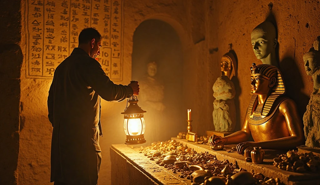 A cinematic scene capturing renowned archaeologist Howard Carter as he unveils King Tutankhamun's chamber in the Valley of the Kings. Archaeologist's outfit, wears glasses and holds a candle in his hand.Kneeling on a stone staircase before a granite door with Egyptian hieroglyphs in gold engraved on the walls, he looks through a small opening in the sealed entrance, holding a candle that casts a warm glow over the chamber. Seu rosto, engraved with admiration and reverence, reveals the amazement of discovering ancient Egyptian treasures. The background shows the chamber filled with ancient golden Egyptian statues., jewelry and other artifacts glistening in the soft candlelight. The aged walls, marked by time, evoke a sense of history and mystery., photo, cinematic, architecture