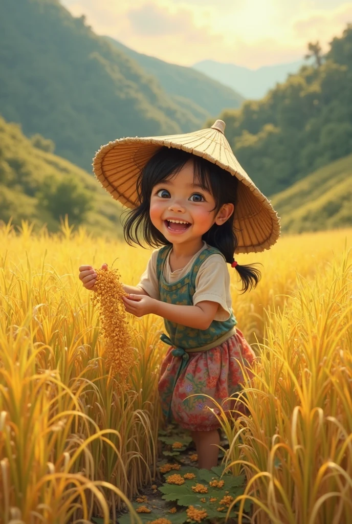 (best quality,8k,high resolution,masterpiece),Super detailed,(1.4x more realism),summer,Sunlight,beautiful toddler,golden rice fields,golden color,hapiness,children's laughter,Children playing in the rice fields,Cicada chirping,Beautiful scenery,HDR,ultra high definition,studio lighting,Super fine,sharp focus,Rendering based on real objects,Extremely detailed description,major,Bright colors,blur background,Golden sunrise,peaceful,peaceful,golden light,golden hour,nature,nature之美