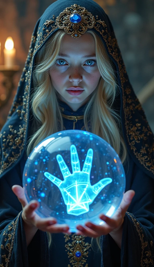 14 YEAR OLD CHILD GIRL WITH LONG BLONDE HAIR, holding a blue ball in her hands with smoke coming out of it, crystal ball, holding a crystal ball, casting a protection spell, holding a glowing orb, spell casting mage, spell casting, the truth orb, casting a powerful spell, holding a glowing orb of dice,  a woman holding an orb, emitting psychic powers, hands holding large glowing orbs