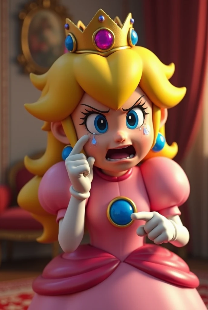 pov, priness peach, kneeling, handjob, from above, yellow penis, penis with scales, looking at viewer, angry, blushing, grey floor, 3d