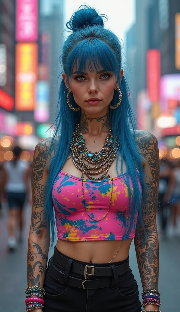 Pokket, filmed on DSLR, 8K, detailed face, blue hair, 25-year-old woman, is on the street in NYC, beautiful clothes, black tattoos, different position