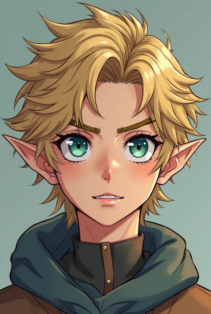 A guy with wavy dark blond hair that sit atop of his head, just long enough to cover his ears. He has thick, arched eyebrows that brings focus on his teal coloured eyes and long matted (idk how to say it but when the eyelashes are kinda attached in spikes) eyelashes. His fox eyes brings intensity to his gaze and makes him look like his mad/glaring even when he's not. Has inverted triangle shape face, pinkish, down-turned lips and a button nose. His slightly pointed ears give him an elfish look that make people go crazy about him. Can this be made manga style?