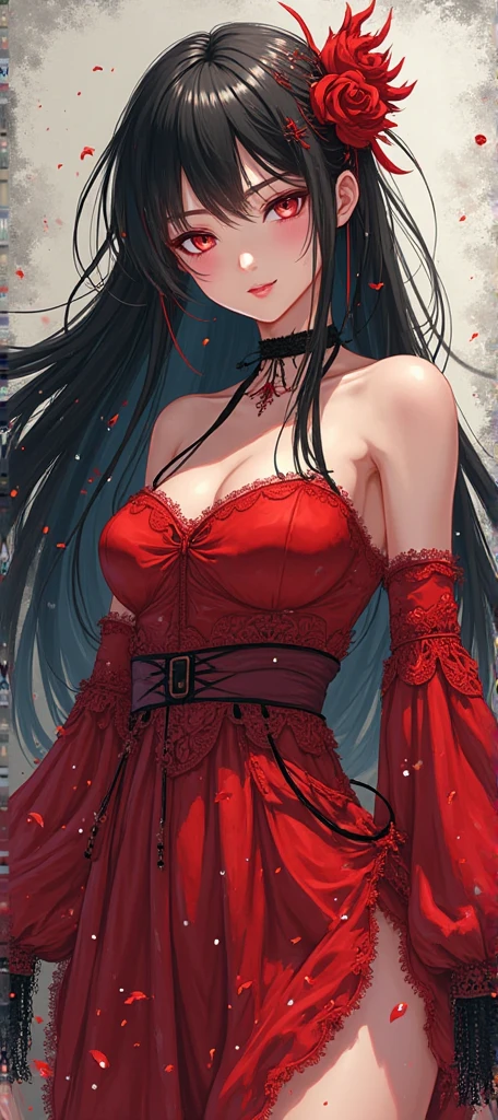 masterpiece, top quality, super detailed, high resolution, (realistic, photorealistic:1.37), excellent ???????, beautiful 1 woman, (anime girl in a red and black dress with a red flower in her hair), trending on CG station, cute anime woman in a nice dress, Pixiv art station, (palace, girl in evening dress), beautiful digital art, (cowboy shot:1.2), best light, best shadow, mysterious, perfect face, highly detailed,