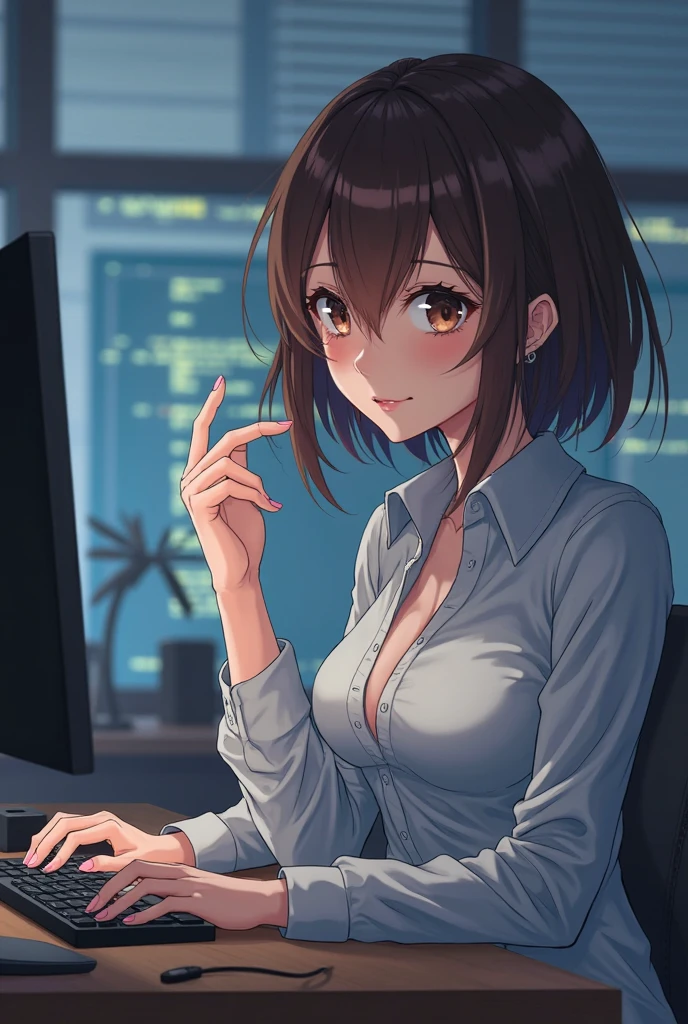 masterpiece、High resolution 8K、NSFW、sharp focus、contrast lighting、fine skin、debris flies、 highest quality、ultra high resolution、ultra high resolution、Detailed CG、stock exchange、large office room、lots of big monitors、desk computer、transaction、document、stock、chart screen、stunningly beautiful woman sitting on a chair、beautiful eyes、(detailed face and iace:1 2)、narrow eyes、almond eye、black eye、Eye gradation eye highlight:1.2)、(bright reddish brown hair、middle、asymmetrical bangs)、(ID card、Blazers for office wear shortage、white cutter shirt、black pencil skirt、pumps)、(plump lips、gross、glossy lips、 size) 、(oval face : 1.4)、(thin fingered arms、detailed human hand)、smirk, half-open smile、unbuttoned_shirt, cleavage