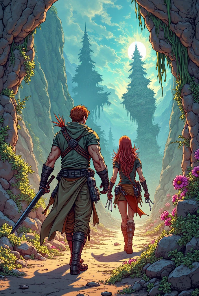 A man and a woman walking through the forest holding hands, Adam and Eve, Animal Skin Tribal Outfit , The Fall of Man, surrounded by thorns, artistic concept for a book cover