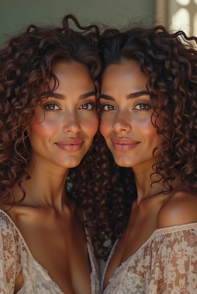 Latin woman face, light yellow skin color, large eyes, Brown eyes, smiling eyes, splattered nose, long light brown hair, curly hair, small mouth