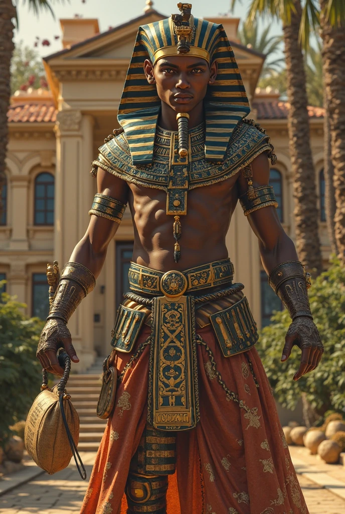 arafed man in a costume with a large headdress and a sword, a digital painting inspired by thomas blackshear, cgsociety contest winner, afrofuturism, brown skin man egyptian prince, wakanda background, cinematic digital painting
