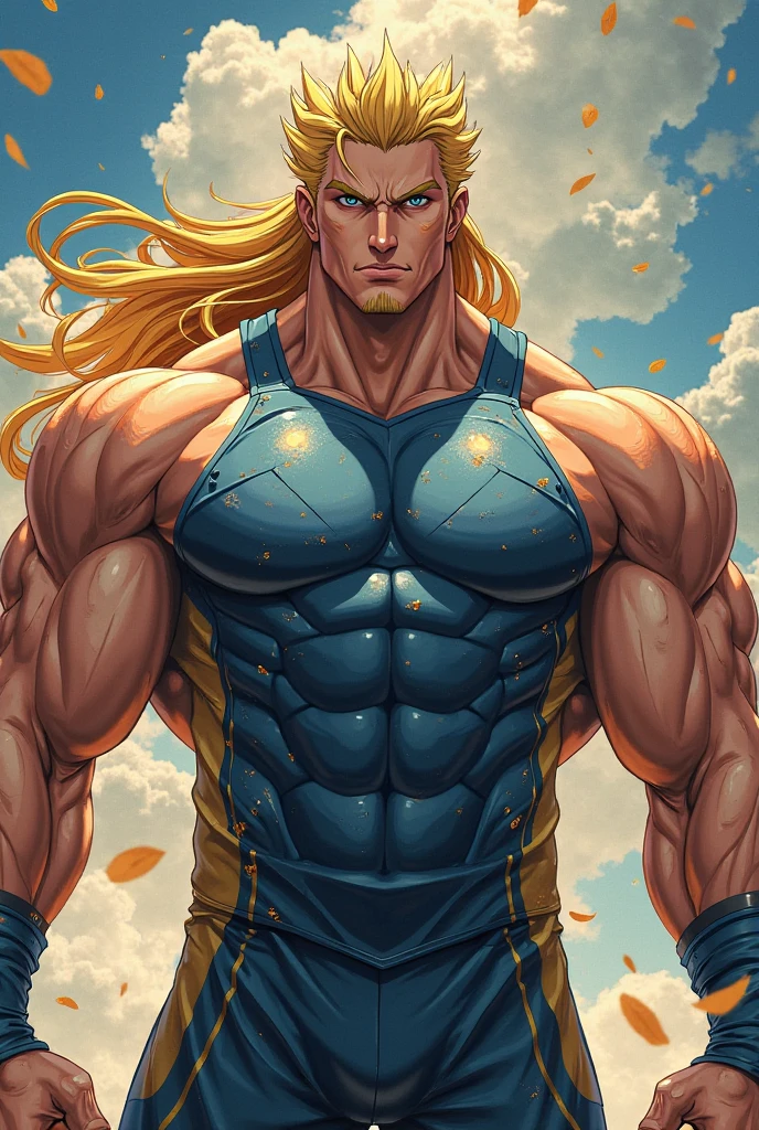 a close-up of a man with horned head and blue shorts, muscular, muscular and scary lion, brown blue, muscular, elbow pads, arm bands, topless male, red and white tight pants, underground fight club, standing, smile, (insanely detailed, beautiful detailed face, masterpiece, best quality) solo, beard, school, playground, muscles, facial hair, volumetric lighting, depth of field, wheezing, raised crotch, handsome action, big dynami