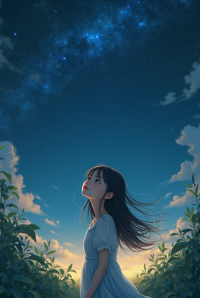 again. Who is the vote?. Atrof tim qorongʻu. Faqat oy nurigina bor. A teenage girl is sitting in a wide field looking up at the stars. One of the brightest stars in the sky "ILMI HAYOT" the word was formed. Qiz shu soʻzga termulgancha hayol surmoqda. She is wearing a white dress. Her hair is long and spread down to the ground. He has a daisy flower in his ear. Atrofda ham moychechak va oq lolalar toʻla. There is a special calmness.