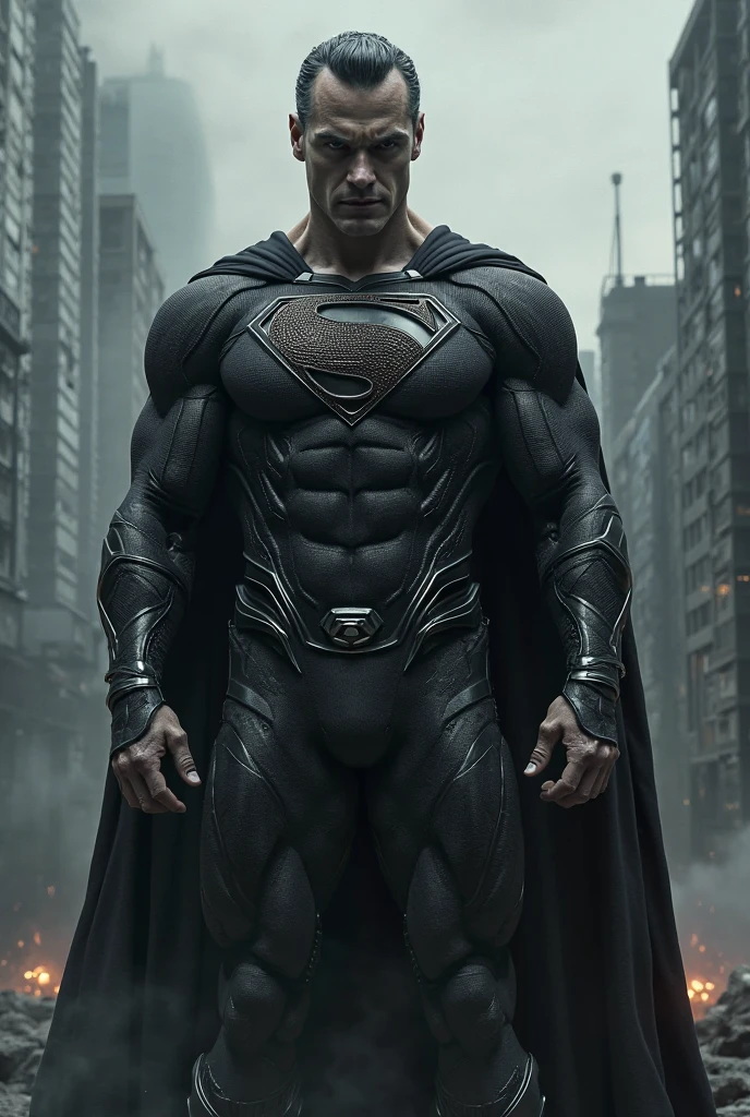 La black superman highly graphics image , badass charismatic hero , muscular hunk , black superman suit , white skin colour I mean