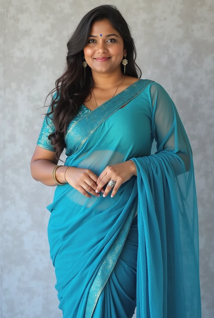 Day scene, A radiant, full-figured South Indian 35 year old aunty a light blue colour chiffon mini skirt and white chiffon shirt, standing, in a office captured in a full-body image with vibrant hues and meticulous details. Full body image