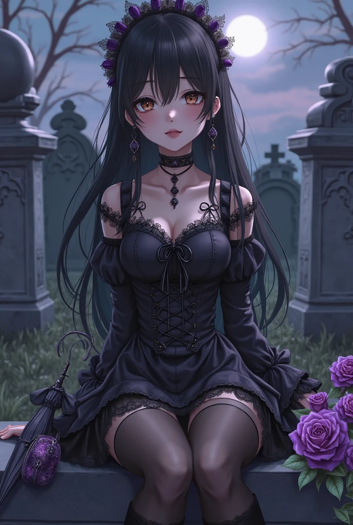 A black haired woman with violet eyes with an hourglass figure with black fox ears and a black fox tail in a Gothic lolita dress is picnicking in a park