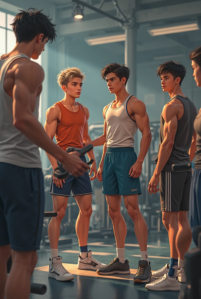 2 men, 1 sexy 16-year-old Indian teenager boy, along with another red-haired man, his young physical education teacher, the teacher has a small beard, only the teacher has chest hair, the teacher 42 years old, only the teenager and him teacher alone, hyperrealism, real person, realistic, ultra high definition, high resolution, both with no clothes, both with firm and sexy pecs, with a square face, short wavy hair, brown eyes, very brown skin with teenage hair, fair skin the confident and mischievous teacher, no backlight, alone in men's locker room in high school, teacher taller than teenager, rude pose, frontal, full body shot, male figure