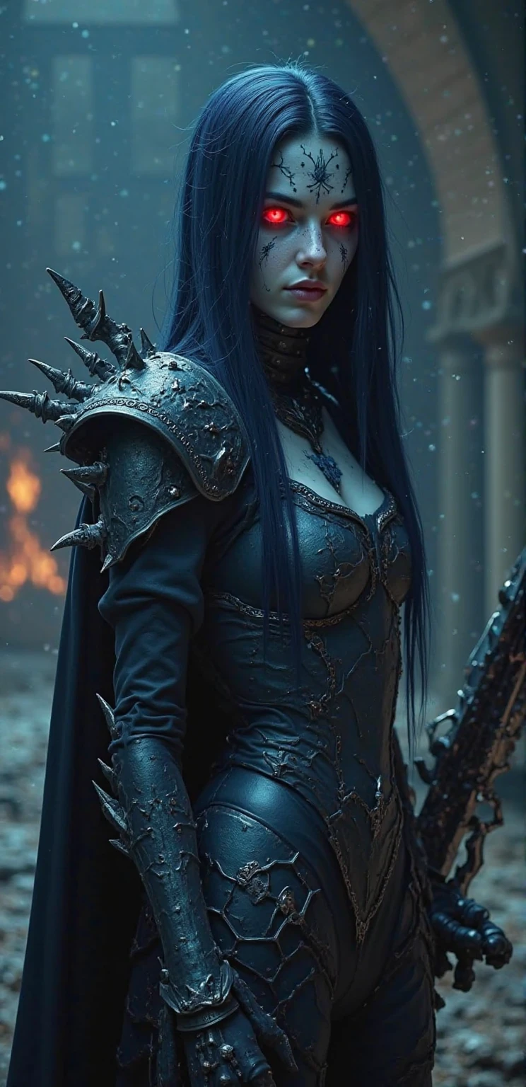 young Angelina Jolie, Full body pose wearing a mechanical suit, Large Breast, Mechanical wonder, Cyberpunk, Cybernetic Guardian, futuristic sexy black armor, full body, front pose, symmetry, intricate (steel metal [rust]), joints, warframe style, cyborg, fit muscular female body and armor, Beautiful body, Massive silicone breast, pale skin, seductive, temptation, eat your soul, clevage, long flowing black hair with purple highlights, heavy gothic makeup, at night, neon, most beautiful intricate detailed glowing chainsaw sword , sith queen, warrior queen, black latex cloak, stiletto heels, full body pose, wartorn ruins in the background, explosions and fire, night light, dark, hdr, detailed face, detailed skin, cinematic, dramatic, (cyberpunk megapolis:1.3), neon light, deep neckline, high heels, full body pose, stiletto heels, high heels