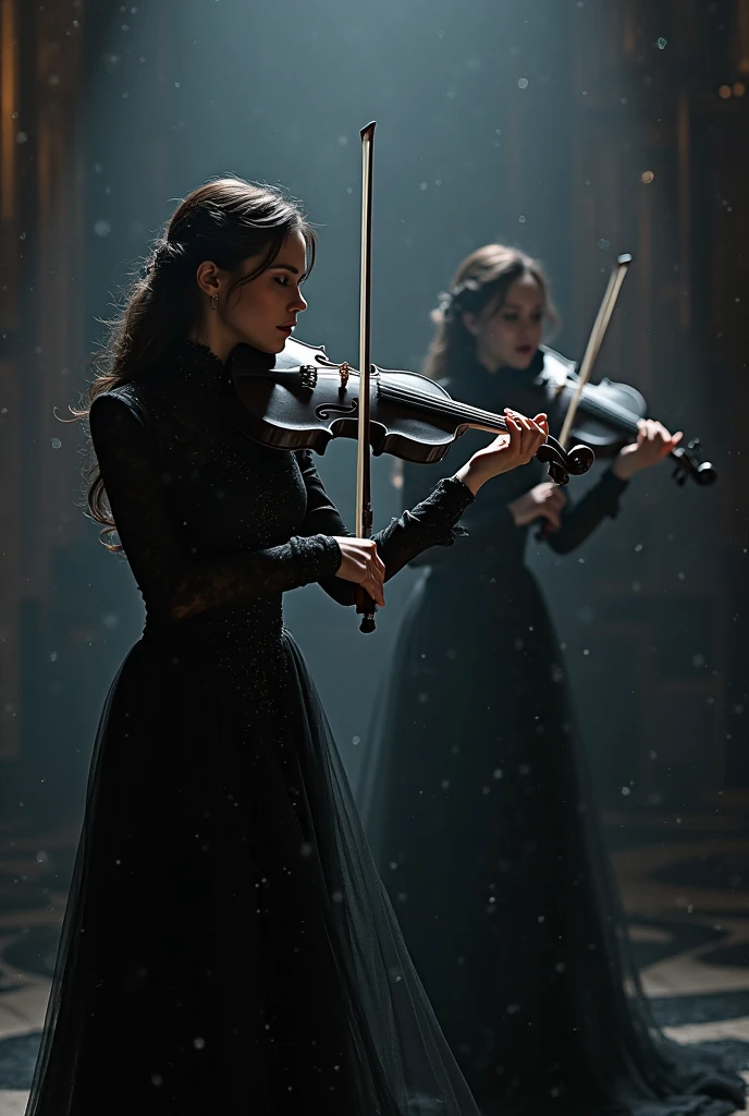 A almost skeletal zombie playing a violin and next to him a dark female undead singing, both are on a dilapidated gothic style stage, the atmosphere is eerie
