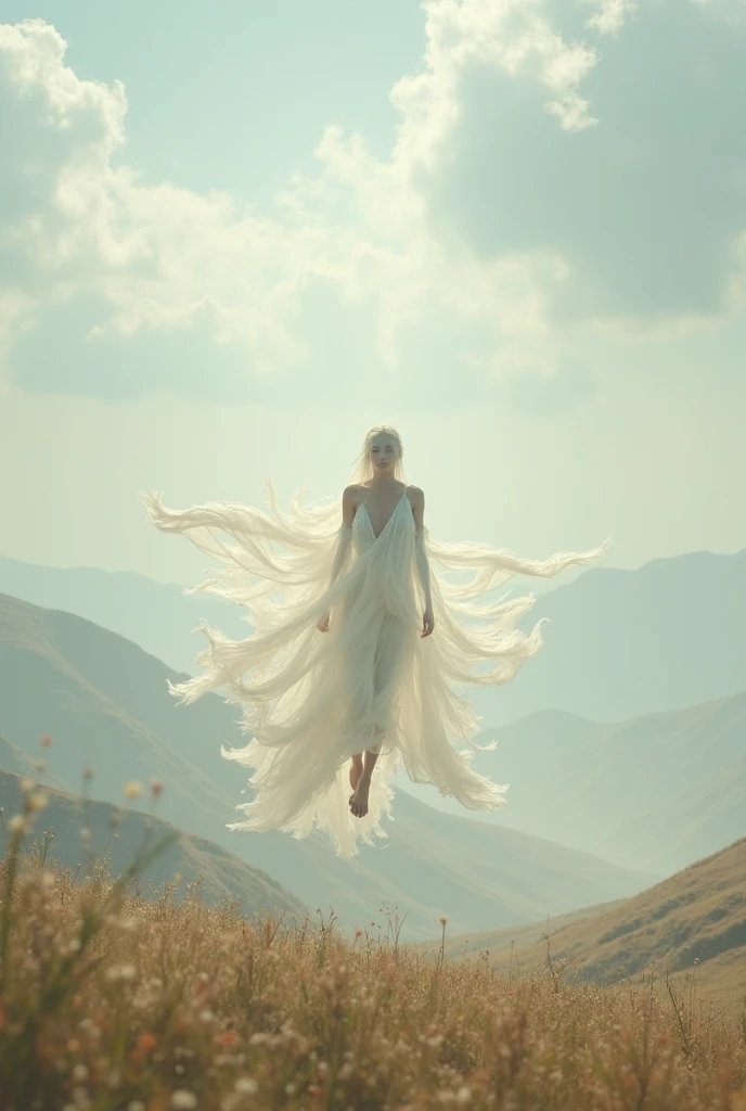 A girl stands near the sea among the fog. She's wearing a white dress. She has white wings. blond short hair