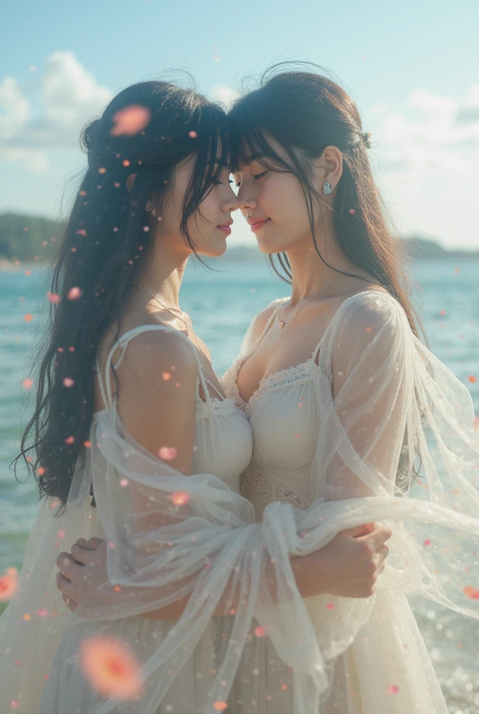 Two erotic beautiful Asian girls having :: love::groping::kissing:: on the beach as waves splash over them at sunset