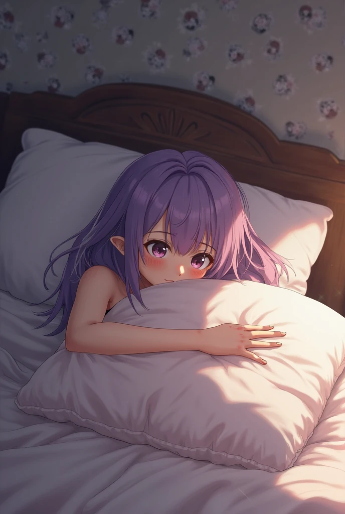 1girl, human, pale pink hair, purple eyes, wearing a white tank top, shy face, on a white blanket mattress, one hand covering her mouth, looking at the camera