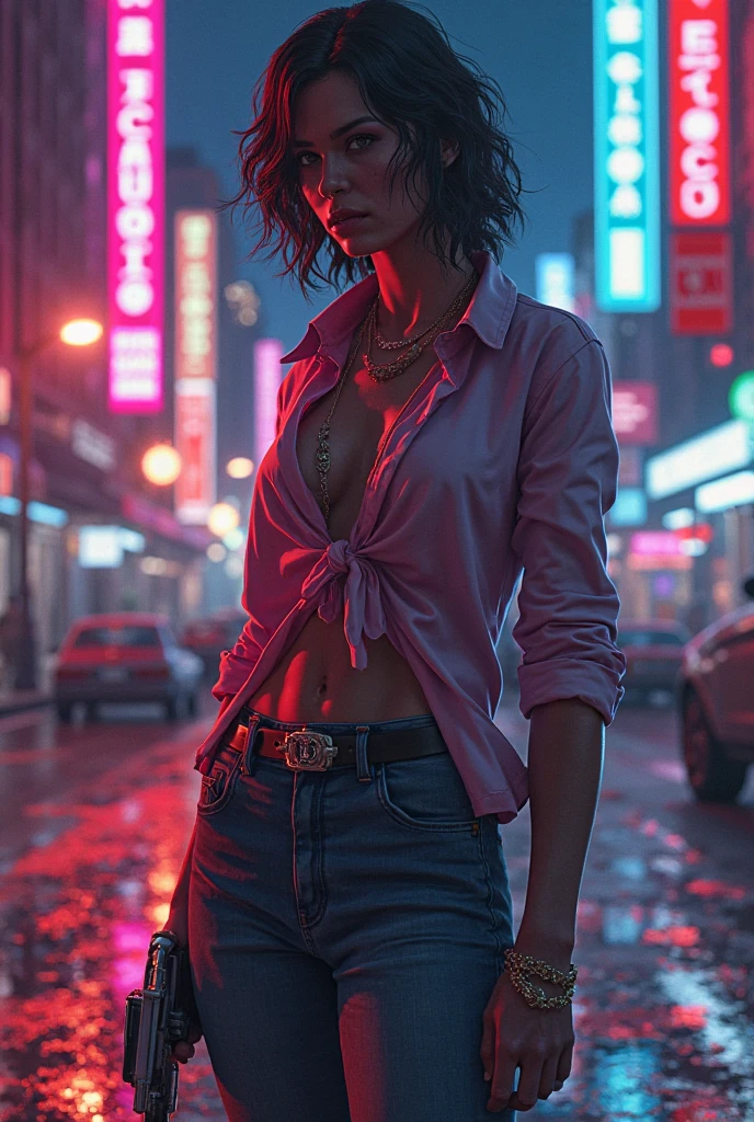 (best quality,4k,highres,ultra-detailed,realistic:1.2), a skinny french girl with short messy hair , slim and fit figure, perfect round big breast, no bra, ((white blouse)), ((micro denim shorts)), (hips and groin exposed) , earrings , necklace bracelets out in the street at night, neon lights and advertising