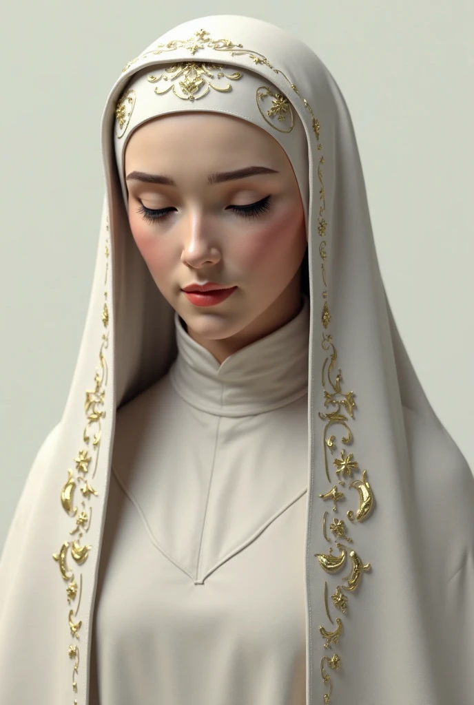 RAW photo of a 24 year old girl wearing hijab, satin abaya sexy purple, satin, hijab face portrait, neutral background, 8k uhd, dslr, soft lighting, high quality, film grain, Fujifilm XT3, covered dress, patterned dress, gigantic breasts:1.5