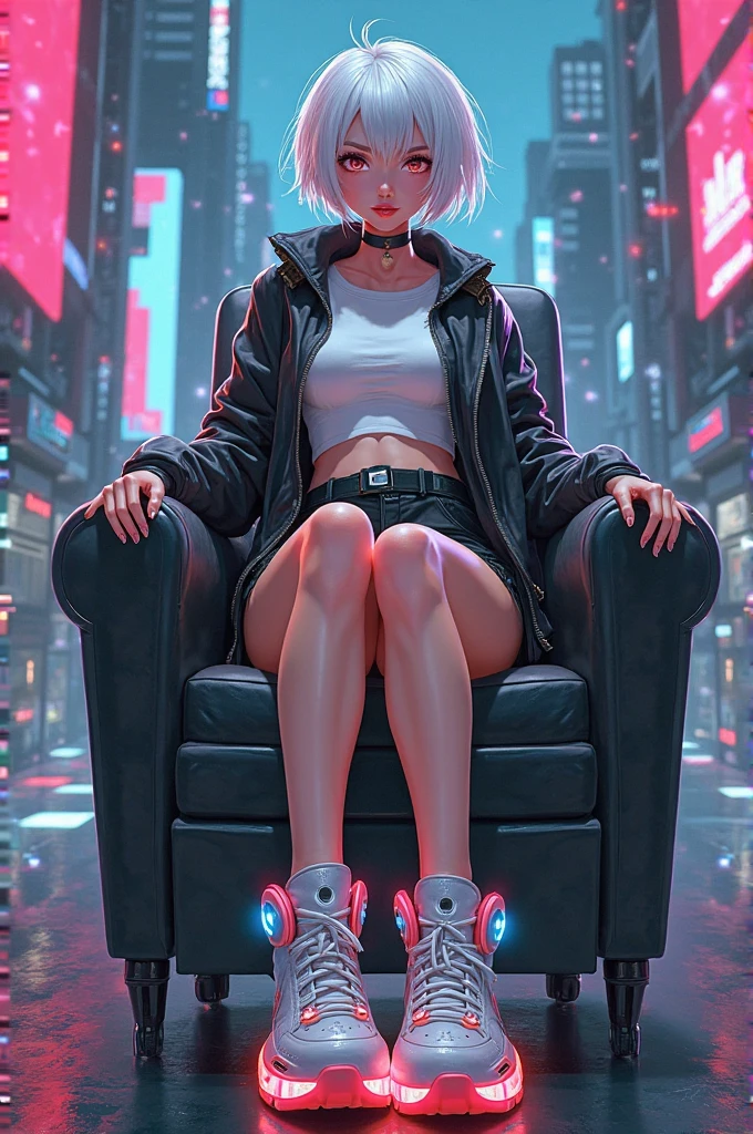 best quality、masterpiece、night、earphone、Cyberpunk、Network City、Sitting on high ground、Long Shot、Wide-angle lens、A girl