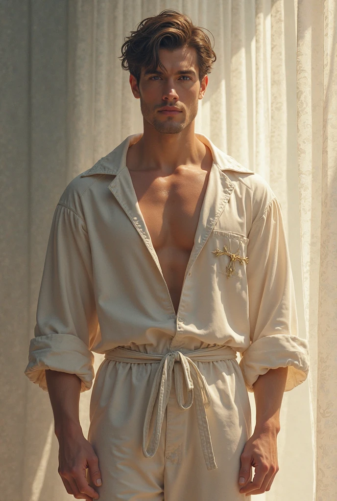 1boy, full body shot, full hd, arms detail, body detail, legs detail, face detail, feets detail, hands detail, 8k, (male model) hot skin, masterpiece, best quality, most handsome man in the world, by Shen Quan, perfect body, beautiful male model, an attractive man 18-2 aesthetic, blossoms in spring, green fields, spring, plains, trees, flowers, blue sky, rough and handsome young man in white transparent robe, white transparent fabric, shirtless jacket shoulders, exposed chest muscles, exposed thighposed transparent white briefs)), (male focus), (smooth body)), smile, super cute, dynamic pose, cool and seductive, dramatic lighting, full body shot, full body shoot, young face, full body, body hairless, skinny tall, fit body, dominant, white or white skin, young face, firm body, hd, natural flesh tone, soft light, highly detailed, looking at the audience, photography, detailed skin, real person, realistic, photorealistic realistic, crazy detail, facial detail, hype maximization, hype surrealism, film, telephoto, lighting complex detail , Highly detailed, Highly detailed, Digital painting, artstation, concept art, smooth, sharp focus, illustration, Unreal Engine 5, 8K, art by Ross Tran and Greg Rutkowski and Alphonse Mucha, UHD, 8k, Show men only .8k Ultra HD, DSLR, dim lighting, high quality, film grain, Fujifilm XT3, male fan, 2-person, two-person model.