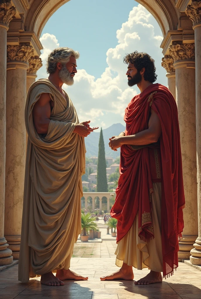 Create Anaximander pointing to the sky with a thoughtful expression while Anaximenes looks at the clouds