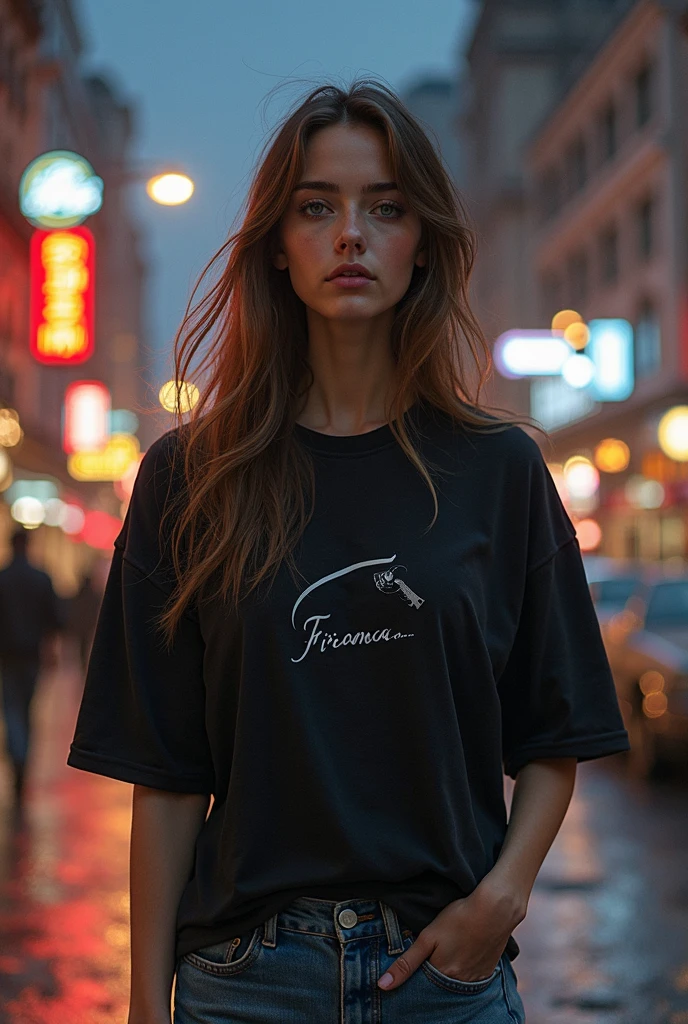 Black oversized shirt, with a white and minimalist logo but small on the left side
