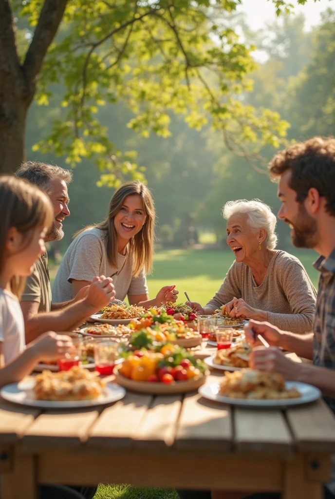 Create a heartwarming scene featuring a happy family gathered around a barbecue grill on a sunny day. Describe a picturesque setting where family members are enjoying a delightful outdoor meal together. Highlight the smiles, interactions, and relaxed atmosphere as they grill and share moments. Portray the sunlight casting a warm glow, and the aromas of sizzling food filling the air. Consider the composition, colors, and expressions that will capture the joy and togetherness of this special family moment.