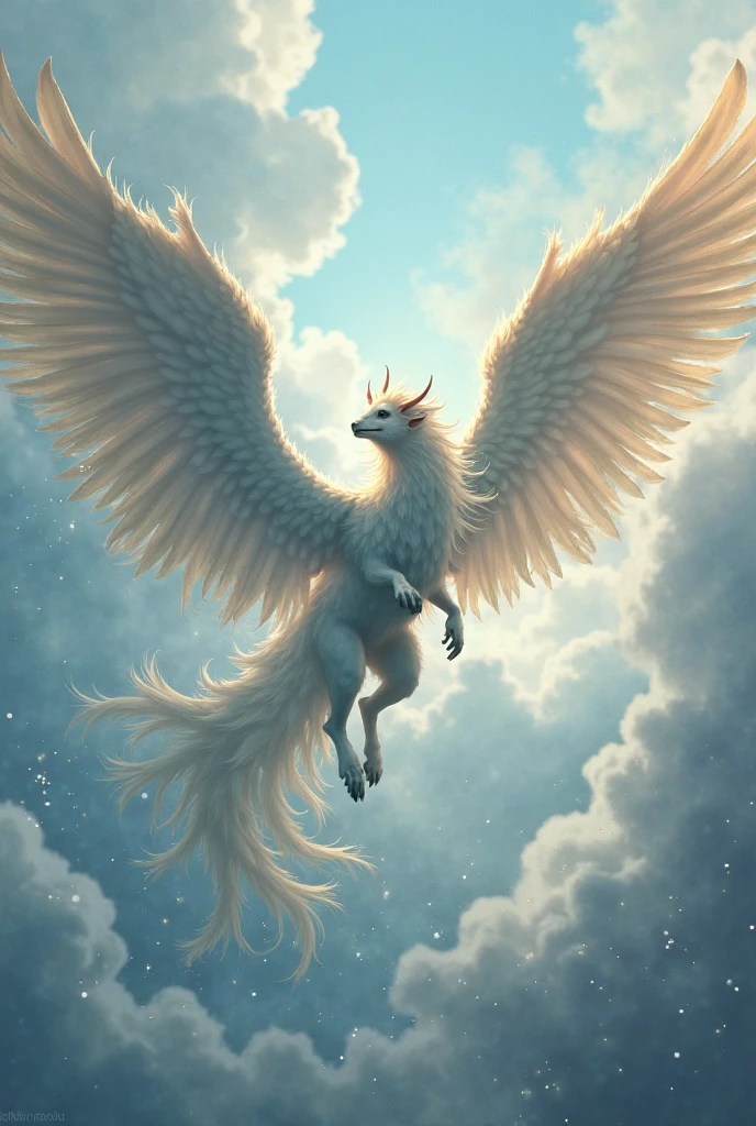 A majestic griffin flying through a cosmic space fantasy scene. The griffin, with the body of a lion and the head and wings of an eagle, has glowing feathers that reflect the light of distant stars. Surrounding it is a backdrop of vibrant nebulas and planets, with ethereal patterns on its wings. The scene combines elements of both fantasy and sci-fi, showcasing the griffin's powerful and mystical presence as it soars through the universe.