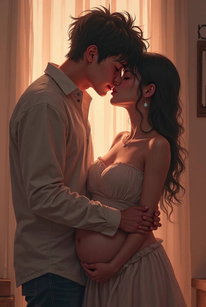 Bee is kneeling front her vampire husband Jason.jason bite her neck
Jason :male,White man, black hair,blue eyes, He looks handsome and cool.rough
Bee:A girl with short hair, black hair, brown eyes she fair skin, pregnant appearance, huge breasts,beautiful, sexy